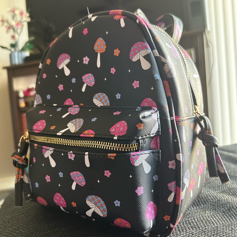 Black Base Mini backpack with Multicolored mushrooms🌈